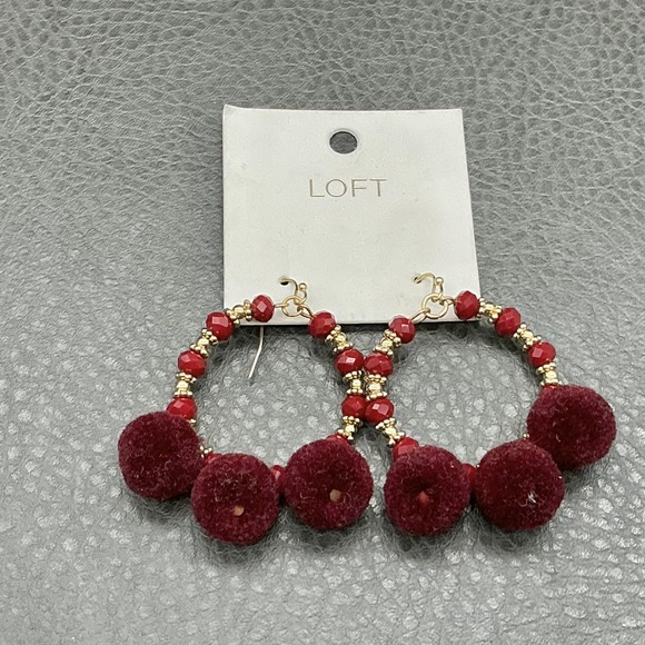 LOFT Jewelry - LOFT Earrings Red Beaded Hoop‎ Womens Gold Tone Pom Pom Dangle Jewelry Fashion